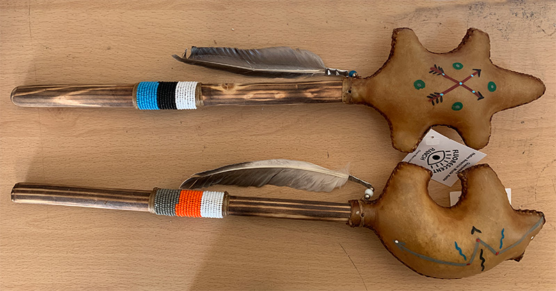 Navajo rawhide rattle, 16 inch, various designs
