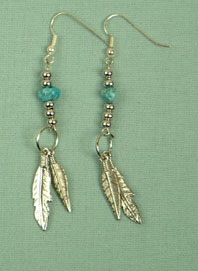 Iroquois double feather and turquoise ear-rings