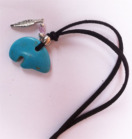 Turquoise bear and feather pendant with cord, Iroquois