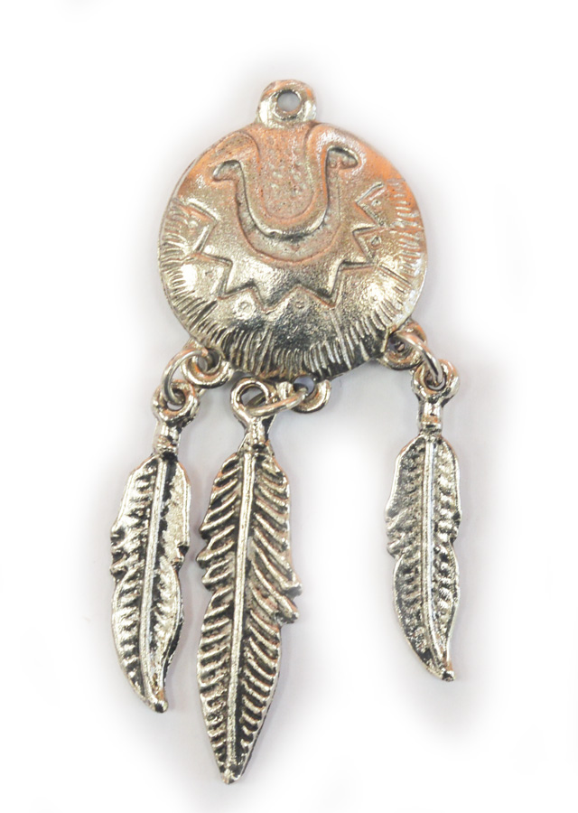 Metal pendant shield and feathers