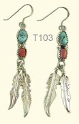 Turquoise and coral feather ear rings