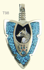 Large inlay arrowhead wolf pendant