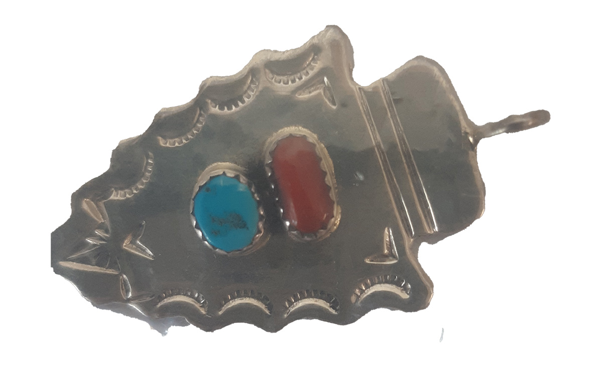 Turquoise and coral arrowhead pendant